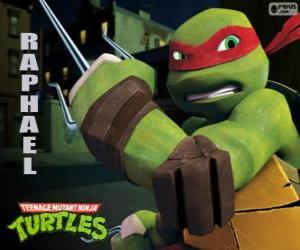 Puzzle Raphael, την πιο επιθετική χελώνα ninja με τα όπλα του στο χέρι, ένα ζευγάρι Sai, μια τριπλή στιλέτο
